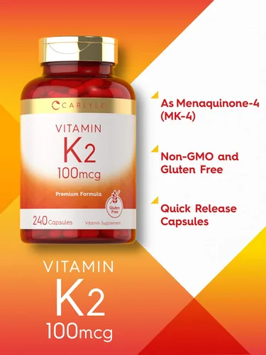 Miniatura 4 de Suplemento de vitamina K2 Carlyle 100 mcg K2 MK-4 240 cápsulas Sin OGM y sin gluten