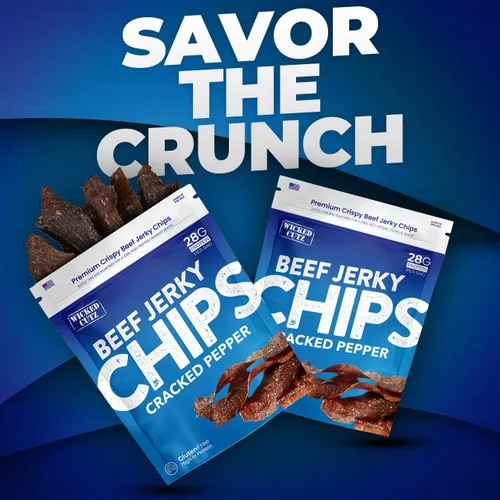 Miniatura 4 de Chips de carne seca de pimienta agrietada, 2 bolsas 0.99 oz de proteína por bolsa, solo 4 ingredientes – carne de res, sal marina, pimienta, agua