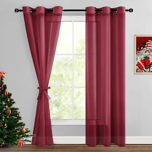 Miniatura 136 de Hiasan - Cortinas traslúcidas de gasa cortas semitransparentes con ojales y alzapaños filtrantes de luz para ventana, dormitorio, baño, 2 paneles