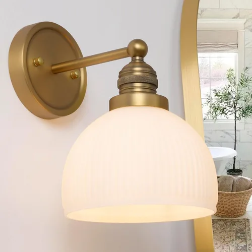 Miniatura 13 de Apliques de Pared Dorados de 2 Luces, Aplique de Pared Vintage para Baño con Vidrio Esmerilado de Doble Brazo de Latón, Luz de Tocador para Baño