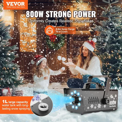 Miniatura 2 de VEVOR Máquina de nieve de 800 W con 9 luces LED RGB y control remoto, efecto de nieve de alto rendimiento para Navidad, Halloween, boda, fiestas