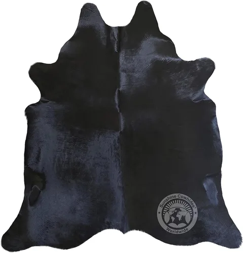 Sunshine Cowhides Alfombra de piel de vaca negra 100% auténtica, lujosa alfombra de vaca para dormitorio, cocina, sala de estar y decoración del