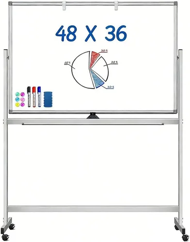 Miniatura 8 de Pizarra blanca móvil de doble cara de 48 x 36 pulgadas con soporte, pizarra magnética de borrado en seco sobre ruedas, caballete de marco
