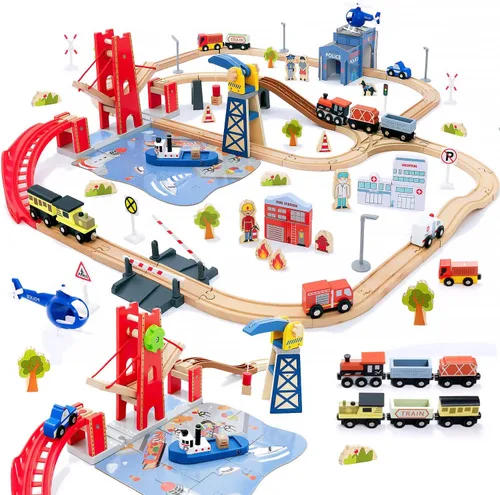 Giant bean Juego de 117 piezas de tren Busy Port City para niños, juego de vías de tren de madera ampliables y cambiables, juguete grande de Navidad