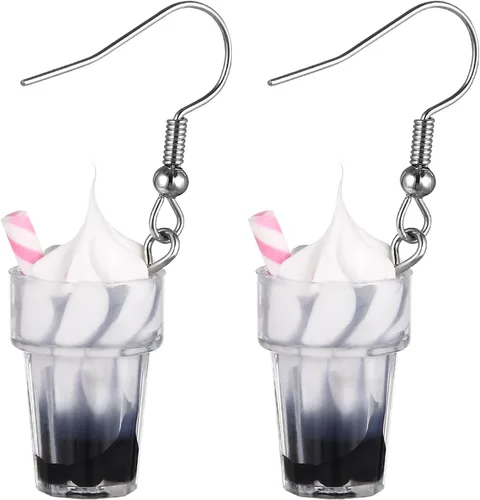 Holibanna Aretes Kawaii, 1 par de aretes de taza de helado, taza de té de perlas creativas, aretes colgantes de gota coloridos de simulación botella