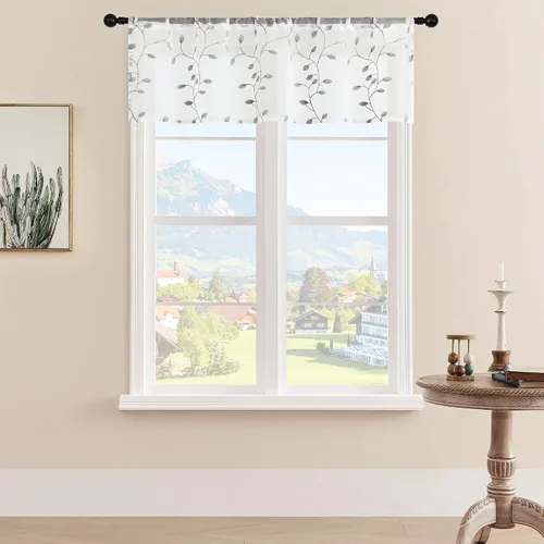 Miniatura 15 de MRTREES Cenefa de cortina transparente de Navidad, 2 paneles de cortinas bordadas con hojas pequeñas de 54 x 16 pulgadas, bolsillo para barra