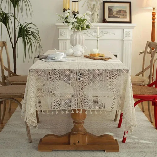 Miniatura 3 de Mantel bordado beige con agujeros de ganchillo con borlas, mantel geométrico de rayas bohemias para fiestas, cumpleaños, comedor, cuadrado, 23 x 23