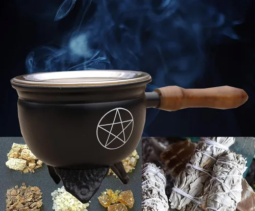 Miniatura 6 de Quemador de incienso de carbón de metal grande con mango de madera (Pentagrama)