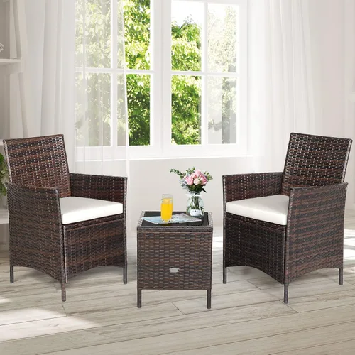 Miniatura 7 de Juego de muebles de patio de 3 piezas, muebles de mimbre para exteriores con cojín resistente al agua y mesa superior de vidrio templado, juego