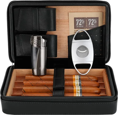 Humidor de Puros Portátil, Estuche de Puros de Madera de Cedro y Cuero con Encendedor y Cortapuros, Negro