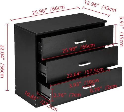 Miniatura 3 de Vasitelan Cómoda de madera con 3 cajones, cómoda de almacenamiento moderna, mesita de noche de madera para dormitorio, sala de estar (negro)