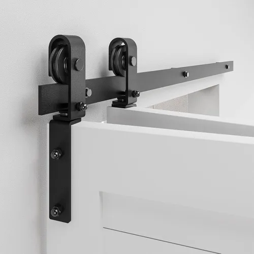 Kit de rieles de herrajes para puerta corredera plegable de granero de 52", suave y silencioso, rodillo negro montado lateralmente, fácil