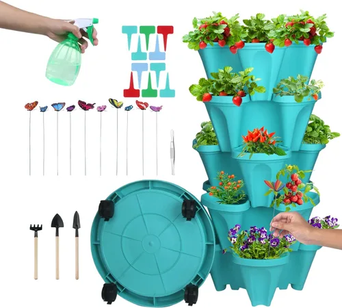 Miniatura 24 de Macetas apilables de polipropileno DUNCHATY, de 5 niveles, verde pino, para interior/exterior, 29" de altura x 13.6" de diámetro 2-1 Paquete