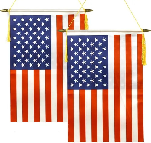 CANTENDO Paquete de 2 banderas de pared estadounidenses, bandera colgante de Estados Unidos con poste colgante de madera y acabado satinado, para la