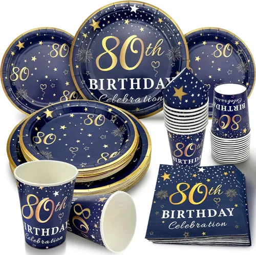 Platos y servilletas de decoración de cumpleaños número 80 azul y dorado, servicio para fiesta de cumpleaños de 30 o 80 años, incluye platos azul