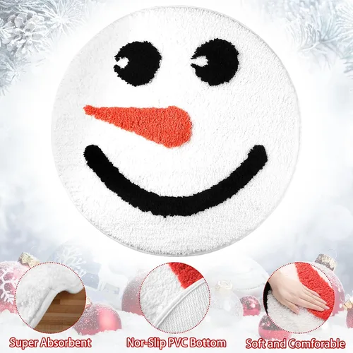 Miniatura 2 de Ceenna Alfombra de baño de Navidad, tapete de baño blanco con muñeco de nieve de 24 x 24 pulgadas, absorbente, tapete antideslizante y lavable
