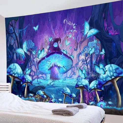 Miniatura 16 de LB Tapiz de mariposa Trippy para colgar en la pared, manta de tapiz estético psicodélico negro, decoración de pared de insectos de polilla colorida