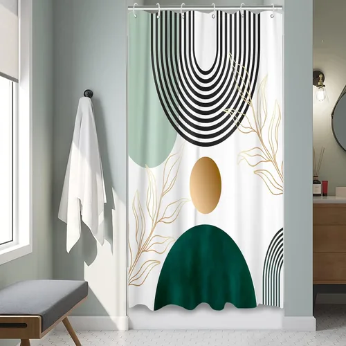 Miniatura 14 de Aipon Cortina de ducha verde de mediados de siglo para baño, cortina de ducha abstracta de estilo bohemio, de tela moderna, impermeable, para baño