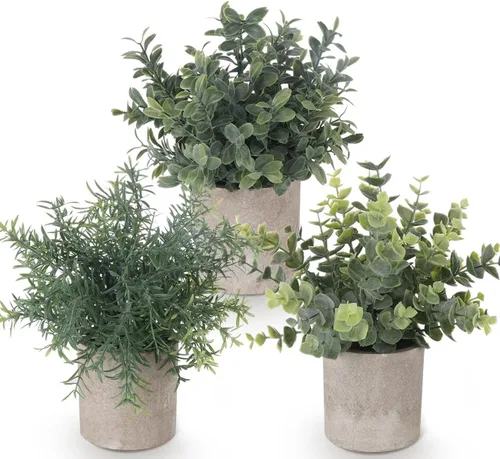 Miniatura 9 de Lemonfilter Pequeñas plantas falsas, paquete de 5 mini plantas artificiales de eucalipto en maceta, plantas artificiales de plástico para estantes 2