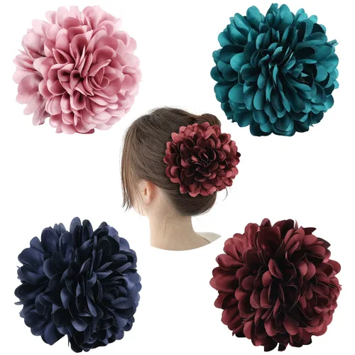 Miniatura 10 de Cinaci Paquete de 4 Lazos Grandes de Flores de Satén para el Cabello Rojos Azul Marino Negro Pinzas de Plástico para el Cabello Clips Cinta Tela