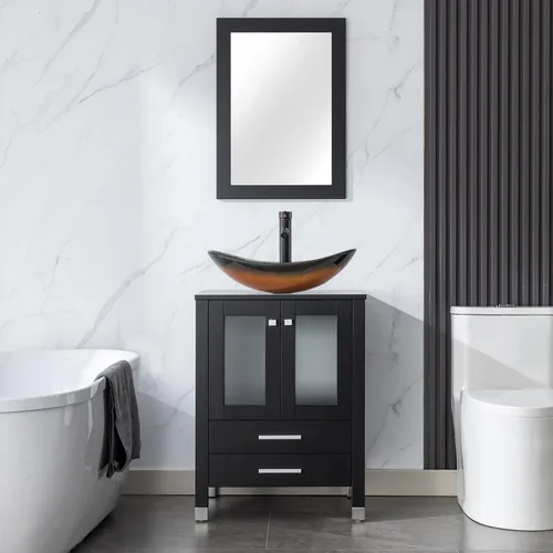 Miniatura 15 de LUCKWIND Combinación de tocador de baño de 24 pulgadas con lavabo, serie elegante con marco pintado, armario de almacenamiento de baño de dos