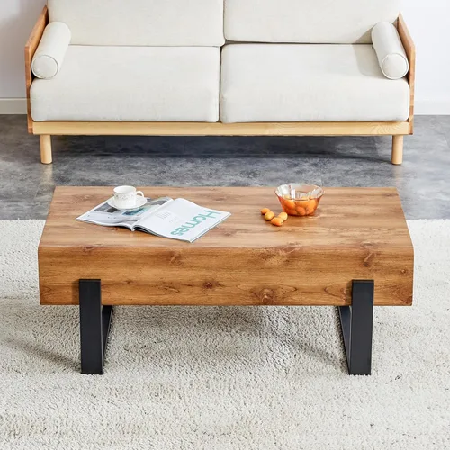 Miniatura 4 de Mesa de centro de madera, mesa central rectangular de 47.2 pulgadas con escritorio de MDF y patas de metal, moderna mesa de té de madera maciza