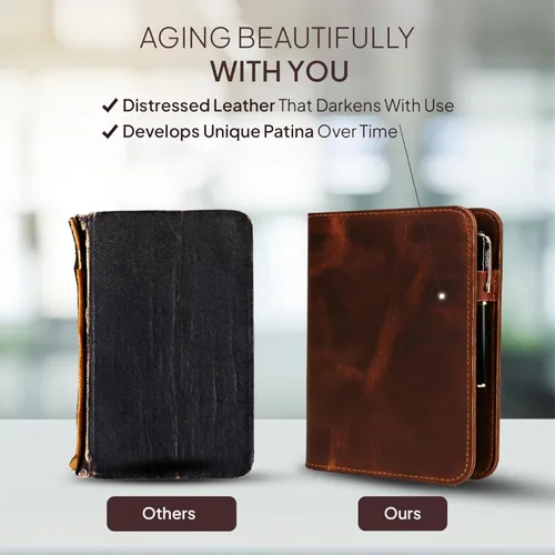 Miniatura 7 de Funda de diario de cuero marrón A5 de 5.75x8.25 pulgadas, funda recargable para diario grande Moleskine, funda de cuaderno de cuero hecha a mano A5
