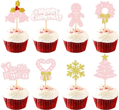 Miniatura 11 de Ercadio Paquete de 25 adornos para cupcakes de Papá Noel y elfo - Sombreros de Papá Noel con purpurina, sombreros de elfo, palillos para cupcakes