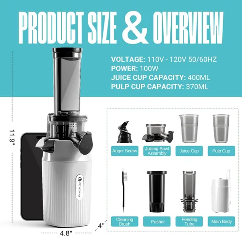 Miniatura 2 de Ventray Ginnie - Mini exprimidor de prensa en frío, pequeño exprimidor lento para verduras y frutas, alto rendimiento de jugo, fácil de limpiar