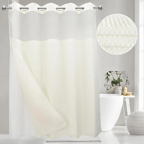 Miniatura 9 de VIUOON Cortina de ducha sin gancho de tejido de sarga con juego de forro de tela a presión, estilo hotelero con ventana superior transparente, tela