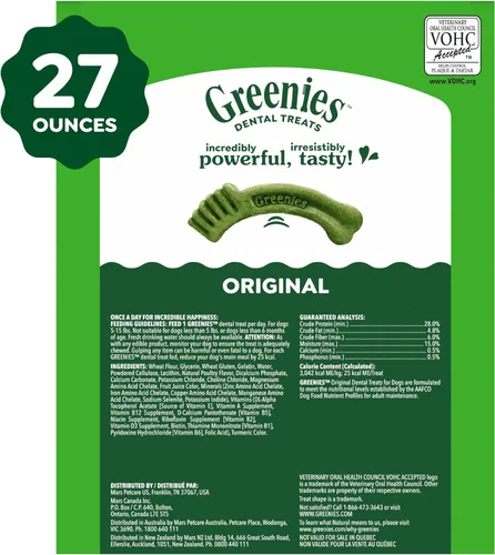 Miniatura 10 de Golosinas naturales recomendadas por veterinarios Greenies para la salud dental de perros tamaño TEENIE, sabor original, paquete de 27 onzas, 96