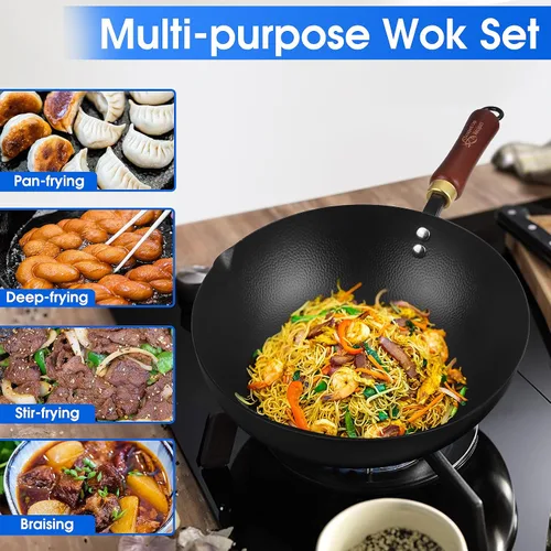 Miniatura 4 de Souped Up Recipes Wok de acero al carbono de 10 pulgadas para estufas eléctricas, de inducción y de gas (tapa y video de guía de usuario incluido)