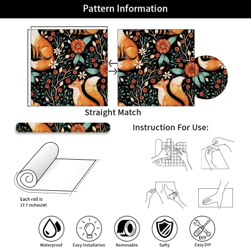 Miniatura 7 de Papel tapiz autoadhesivo de 18 x 236 pulgadas, diseño floral de zorros salvajes oscuros, papel de contacto extraíble, papel de pared fácil