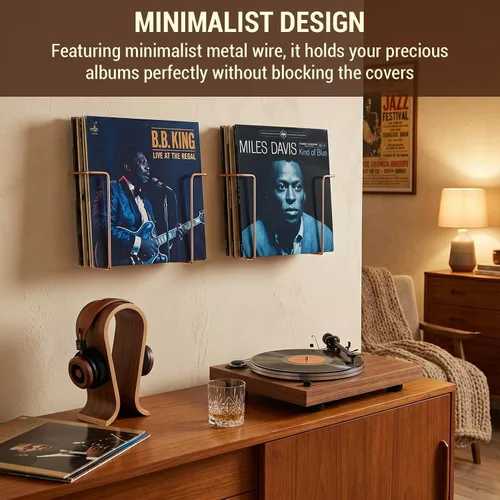 Miniatura 3 de MyGift Moderno estante de almacenamiento de discos de vinilo de alambre de metal, soportes para discos de vinilo colgantes, estantes flotantes