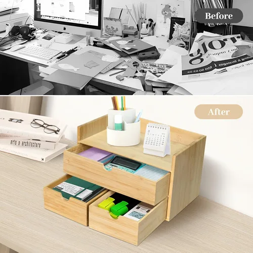 Miniatura 7 de Organizador de escritorio de bambú, organizador de escritorio con 3 cajones, caja de organización de almacenamiento de mesa para facturas, encimera