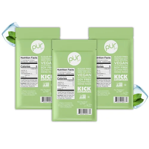 Miniatura 2 de PUR - Chicle de sabor menta fría elaborado con 100 % xilitol, sin azúcar, aspartamo ni transgénicos, vegano, 55 chicles (paquete de 3 unidades)