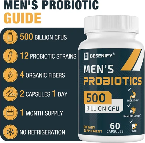 Miniatura 5 de Probióticos para hombres, 500 mil millones de CFU y 12 cepas, probiótico para hombres con cúrcuma, arándano, goji - Probióticos para la salud
