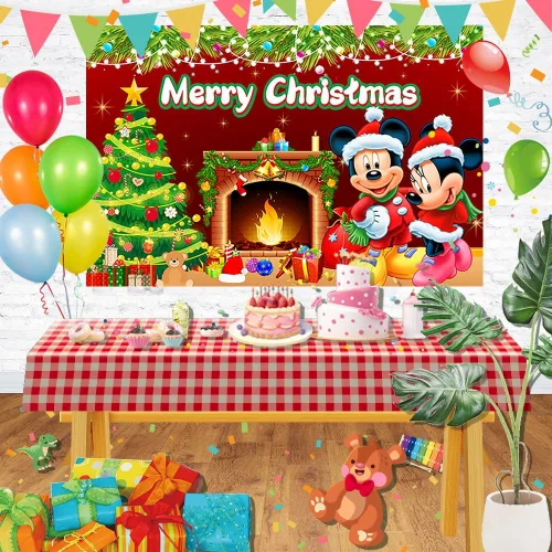 Miniatura 2 de Decoraciones de Fiesta de Navidad de Mickey Mouse - Fondo Rojo para Chimenea y Mesa de Pastel - Pancarta Temática de Navidad de 5x3 pies