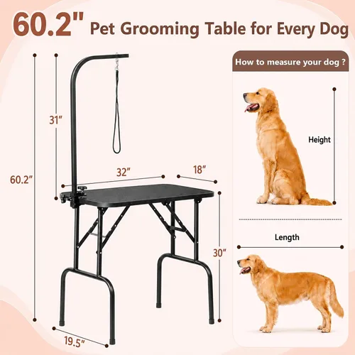 Miniatura 3 de Mesa plegable profesional de 32 pulgadas para preparación de mascotas con brazo y bandeja de soga y malla, capacidad máxima hasta 220 libras