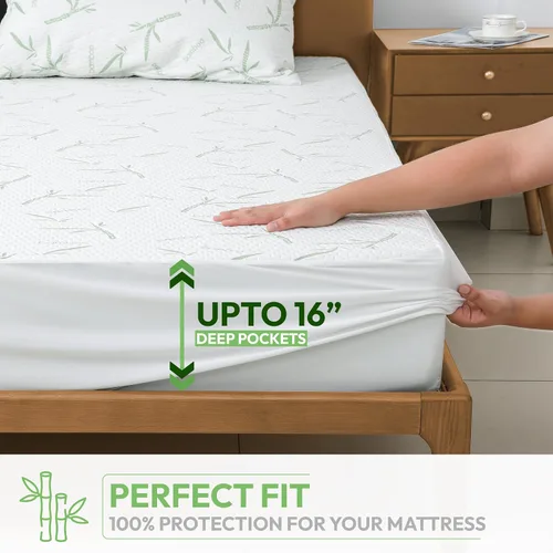 Miniatura 4 de Hannah Linen Protector de colchón de bambú, 100% impermeable, funda de colchón individual – Funda de colchón de bolsillo profundo ajustable de hasta
