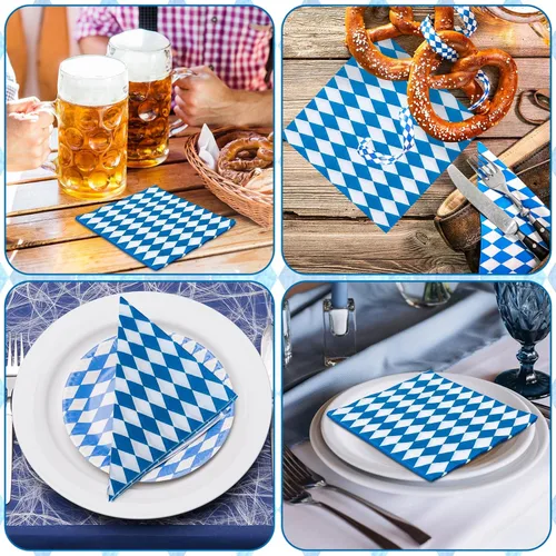 Miniatura 7 de Whaline Paquete de 80 servilletas de almuerzo Oktoberfest a cuadros azules y blancos, servilletas de papel desechables decorativas para postre