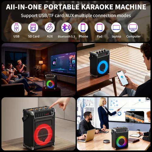 Miniatura 7 de JYX - Máquina de karaoke con 2 micrófonos inalámbricos, altavoz Bluetooth portátil con ajuste de graves/agudos y luz LED, compatible con TWS