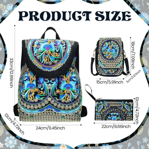 Miniatura 2 de 3 unids mujeres vintage bordado étnico hecho a mano mochila flor Crossbody bolsa Hmong mochila bolso mexicano, Azul series, Serie Azul