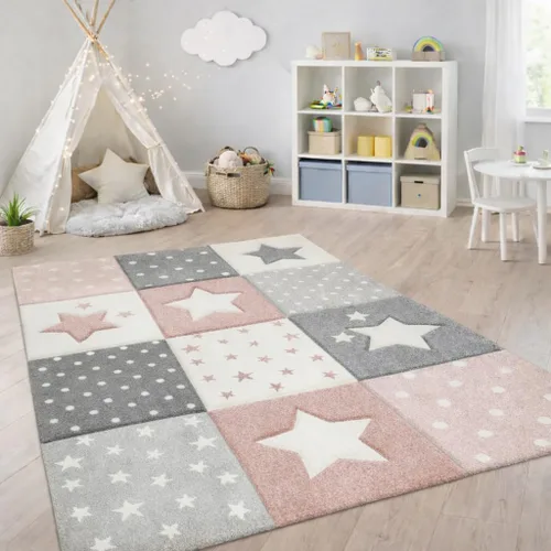 Miniatura 5 de Paco Home Alfombra infantil para guardería a cuadros con puntos y estrellas en azul, blanco y gris, tamaño: 3'11" redonda