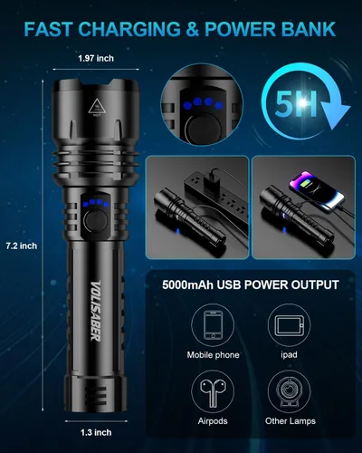 Miniatura 6 de Linterna de 2000 lúmenes de alta luminosidad con lente de encendido, linterna LED recargable superbrillante con zoom, 5 modos, impermeable, linterna