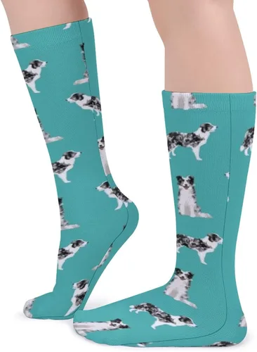 Miniatura 4 de Calcetines deportivos unisex novedosos, Border Collie Blue Merle Dog Turquoise para invierno, cálidos y acogedores, calcetines atléticos casuales