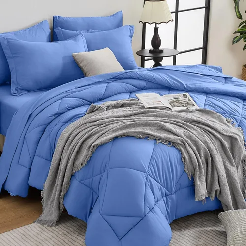 Miniatura 74 de HEVUMYI - Juego de edredón King de 7 piezas para todas las estaciones, cama en una bolsa, ultra suave, juego de cama con edredón, sábana plana, Azul