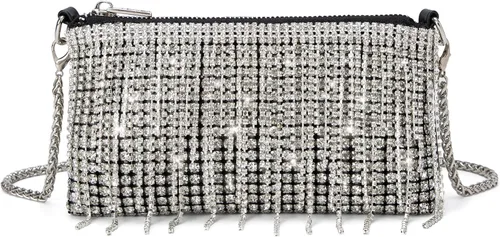 Bolso cruzado de diamantes de imitación brillantes para mujer, con borla, cadena plateada, para fiesta de graduación de noche, fiesta