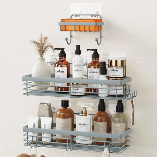 Miniatura 14 de Orimade Organizador de ducha con 5 ganchos para colgar maquinilla de afeitar y esponja, estante de ducha adhesivo, cesta de almacenamiento de baño