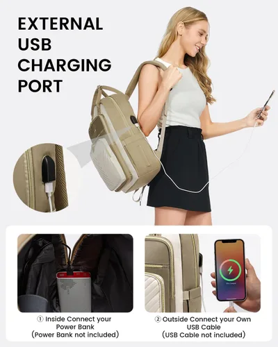 Miniatura 4 de LOVEVOOK Mochila para laptop para mujer, mochila de trabajo de moda con puerto USB, mochilas impermeables para el trabajo., Caqui-beige, 15,6 pulg.